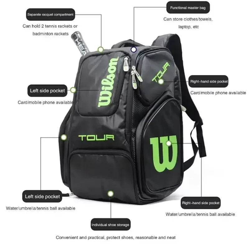 Wilson ProGear Tennis Backpack – Laptop Sleeve + Space for 2 Rackets – Red/Green